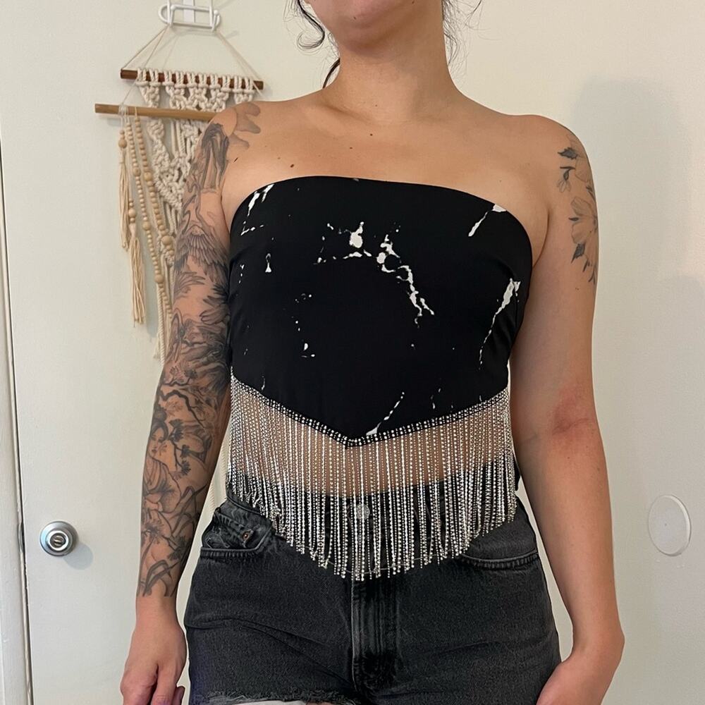 Black Strapless Rhinestone Fringe Tie Top